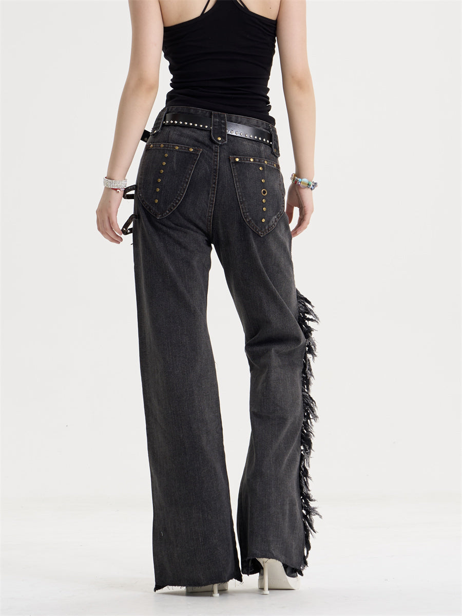 Women's American-style Retro Tassel Patch Stitching Jeans