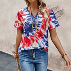 Women's Top V-neck Buttons Tie-dye Printing