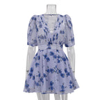 Fashion Printed V-neck Puff Sleeve Pleated Mini Dress