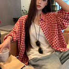 Red Plaid Shirt Cardigan Women's Long Sleeve Jacket