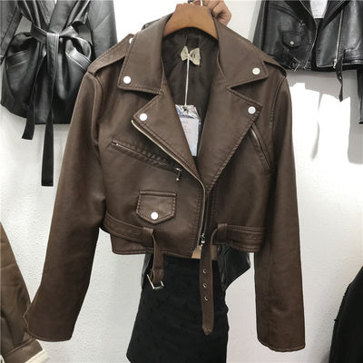 Women's Short Lace-up Motorcycle Pu Leather Jacket