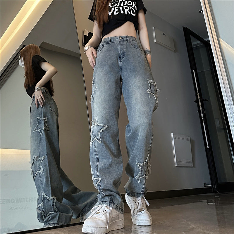Blue XINGX Embroidered Jeans Women Loose Straight-leg Wide-leg Pants