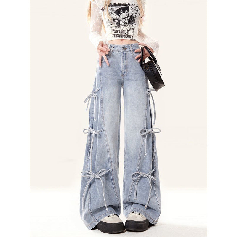 Bow Bandage Jeans For Women Loose-fitting Wide-leg Trousers