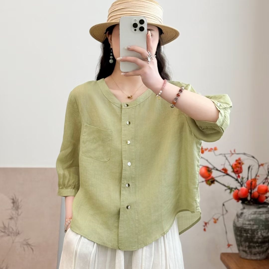 All-matching Western Style Cotton And Linen Short Sleeve Shirt